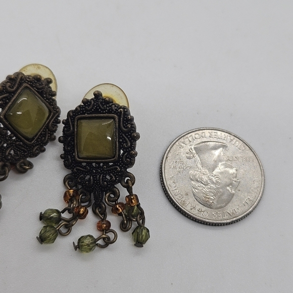 bronze colored earrings with green and orange beading - Picture 3 of 3